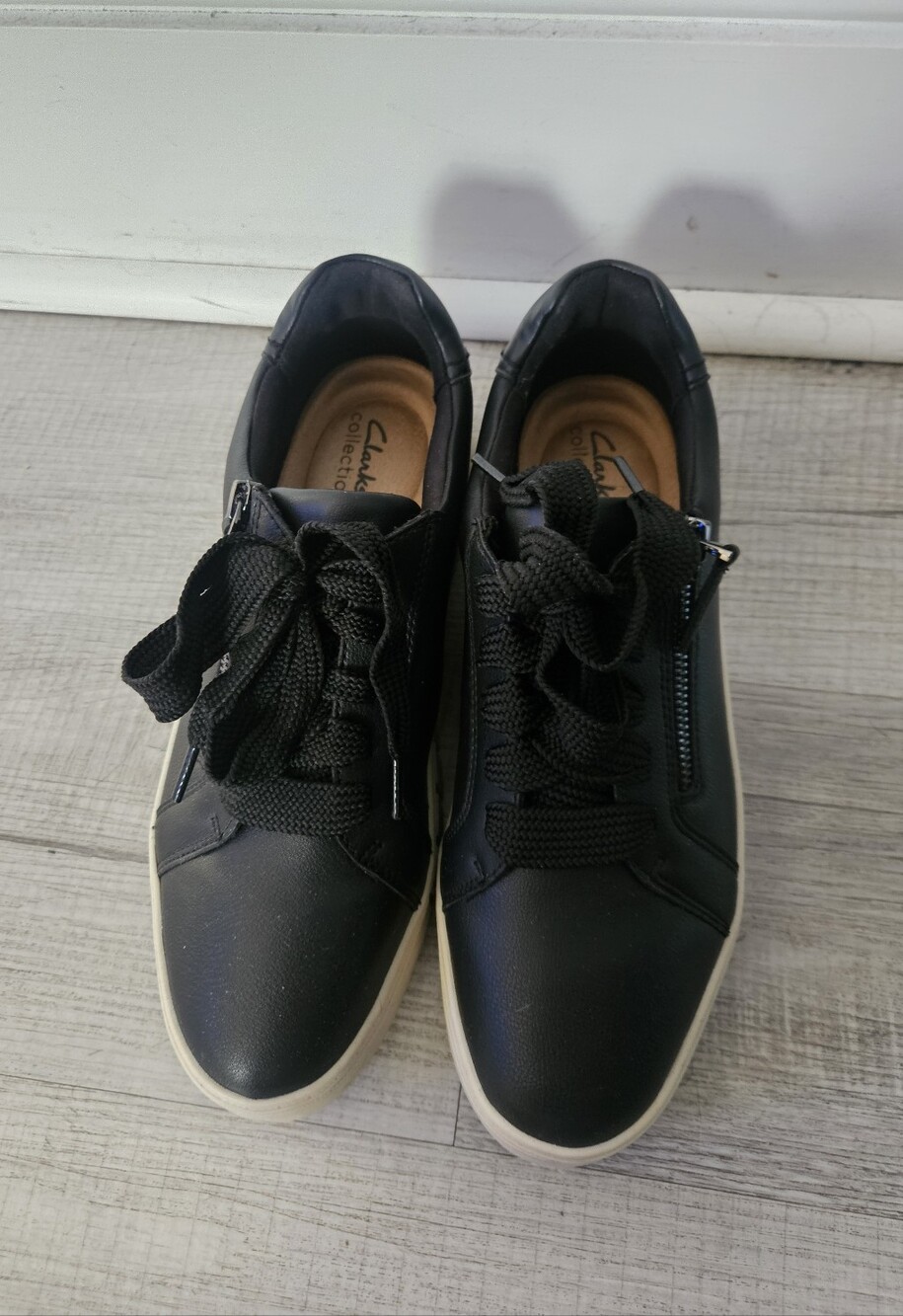 Clarks Black Leather Lace-Up Sneakers with White Sole
